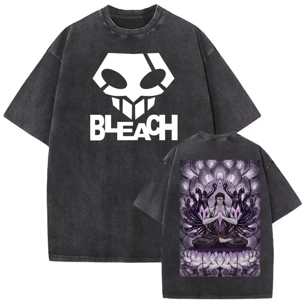 2026 Summer BLEACH Sousuke Aizen Double Sided Print T-Shirt, Vintage Washed Cotton Loose Casual Oversized Tee for Adults Y2K