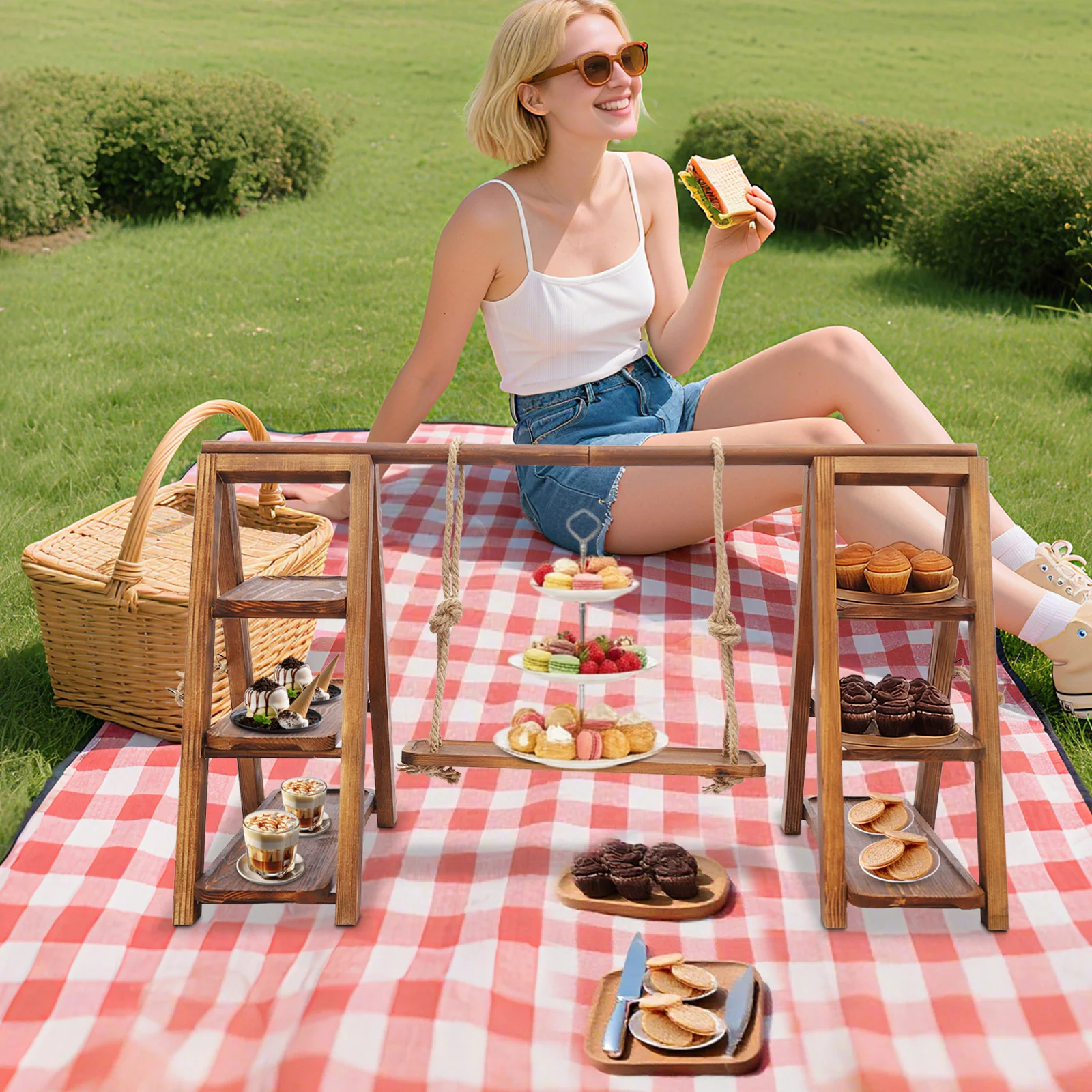 

3-Tier Wooden Dessert Stand, Solid Wood Cake Display with Adjustable Swing Plate, 13.2lbs Capacity for Wedding, Party, Birthday