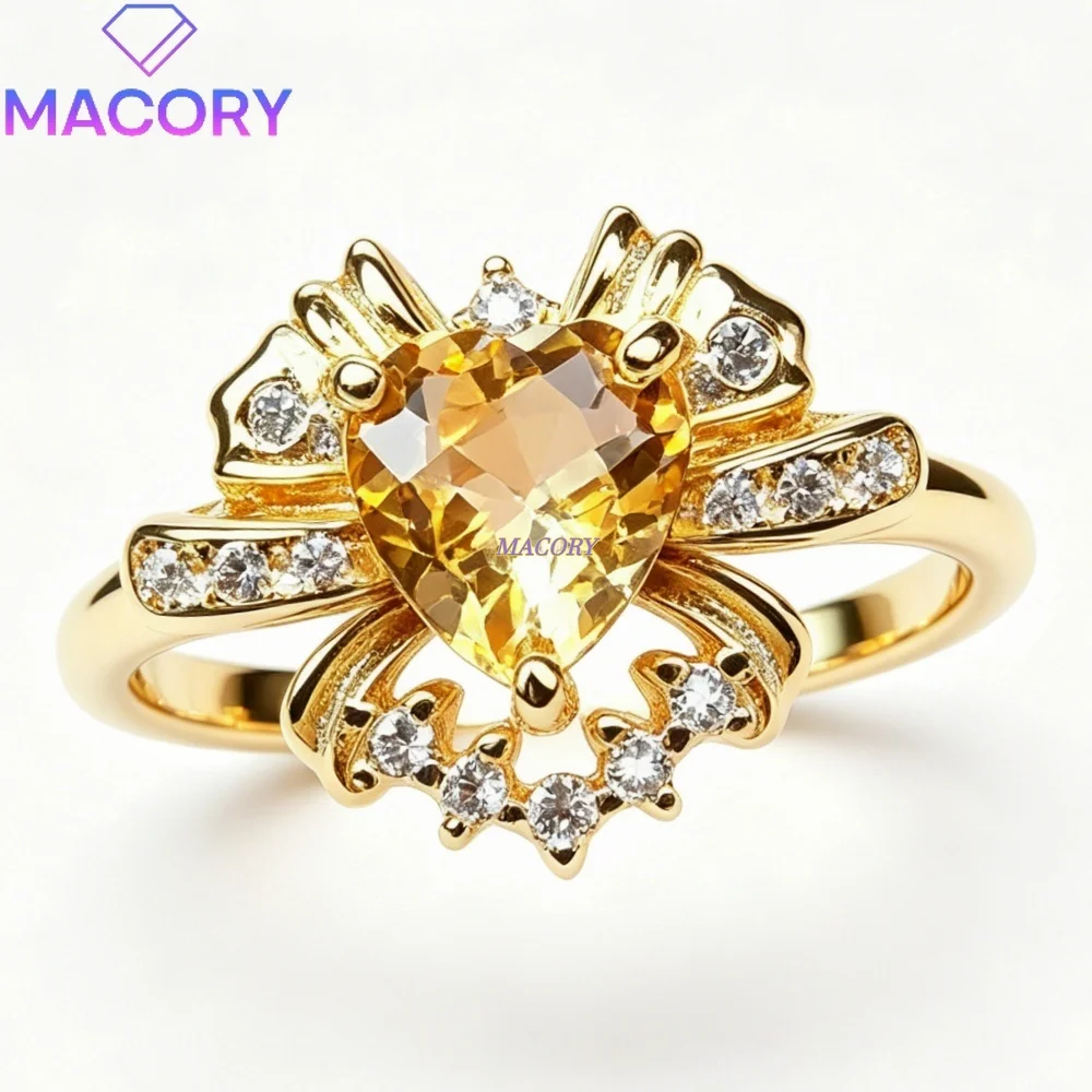Natural Citrine and Rose Quartz S925 sterling silver ring heart-shaped luxurious and delicate engagement and wedding ring