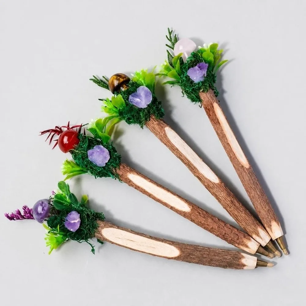 Rustic Wooden Wood Twig Ballpoint Pen Forest Style Portable Magic Wand Pen with Mushroom & Green Plant Decor