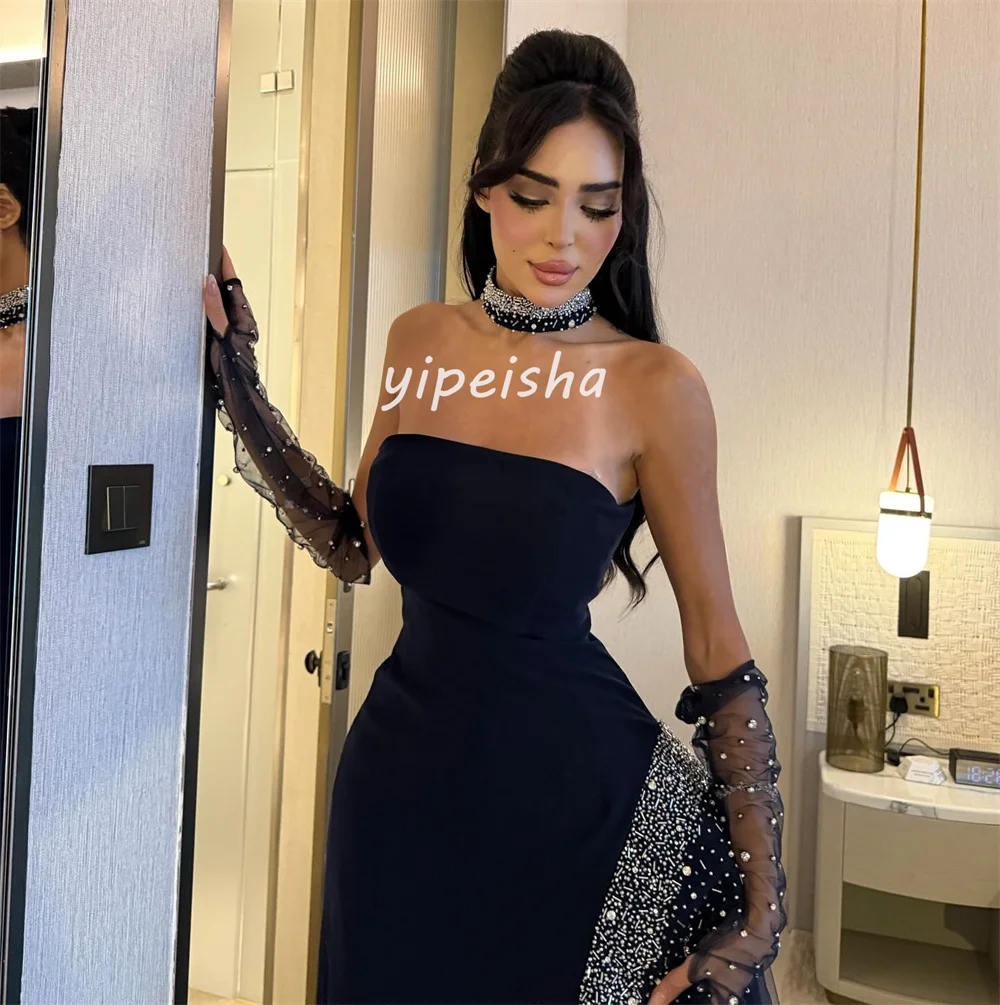 Customized High Quality Intricate Jersey Rhinestone Sequined Straight Strapless Long Dresses Bespoke Occasion Dresses Elegant