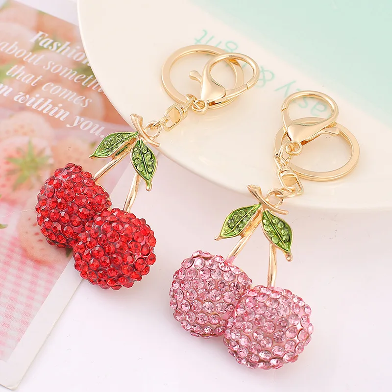 

NEW Rhinestone Cherry Keychain Metal Accessories Cute Fruit Cherry Crystal Keychain Bag Pendant Hanging Decorations for Gifts
