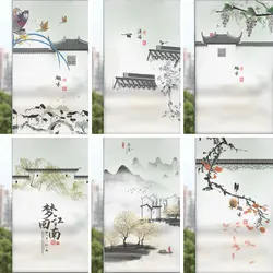 Oriental Style Window Films Chinese Architectural Style Jiangnan Water Town Stained Glass Films Static Cling Privacy Window Film
