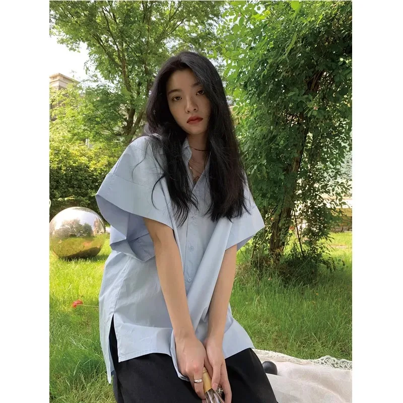 Women's Oversized Split Hem Short Sleeve Shirt Plus Size Casual Loose Fit Solid Color Blouse For Curvy Women