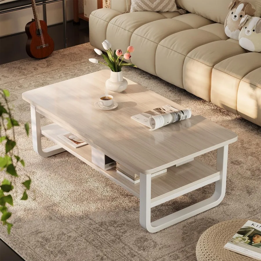 Coffee Table for Living Room with 2-Tier Storage Shelf, 39 inch Rectangular Wooden Center Table, Large Industrial Coffee Tables