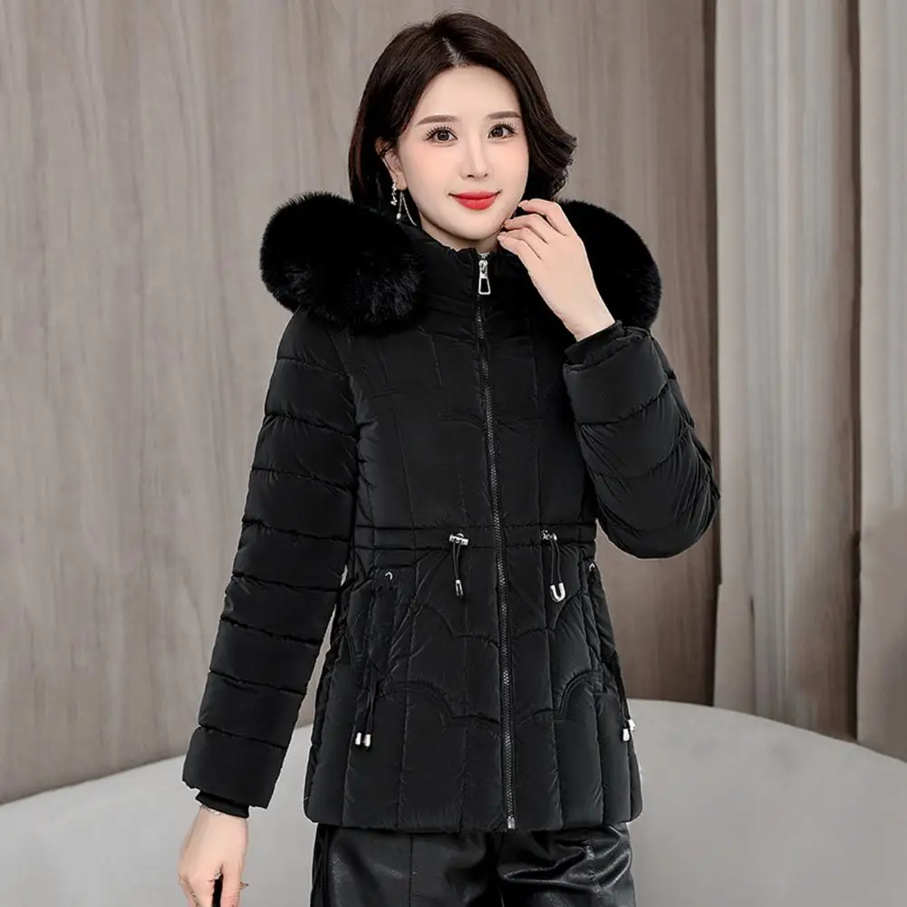

Women's Winter Jacket Cold-proof Zipper Closure Padded Outerwear with Detachable Hood Stand Collar Drawstring Waist Down Jacket