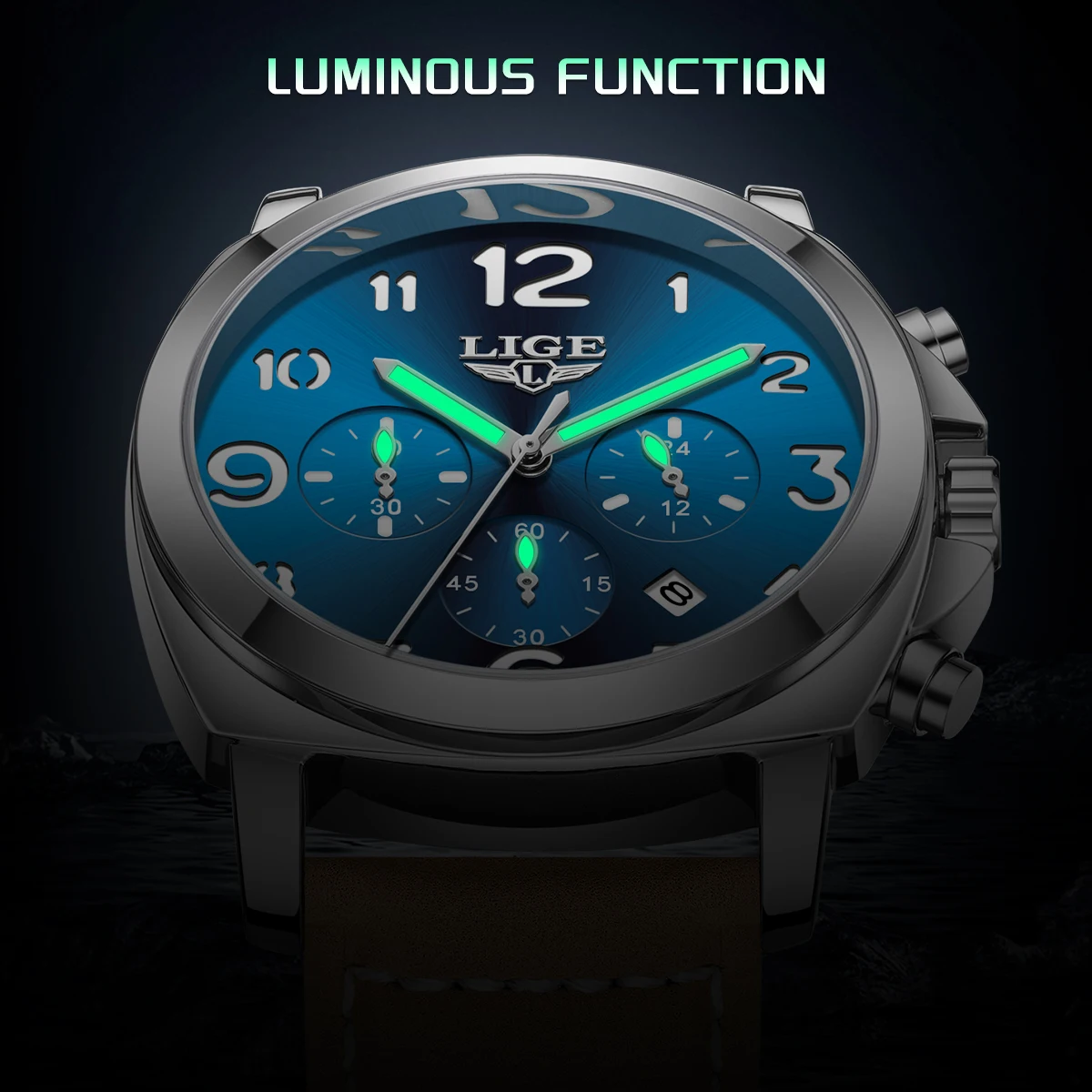 LIGE Casual Outdoor Quartz Man Watch Fashion Sport Waterproof Luminous Auto Date Leather Strap Wristwatch for Men Male Gifts Box - view 4