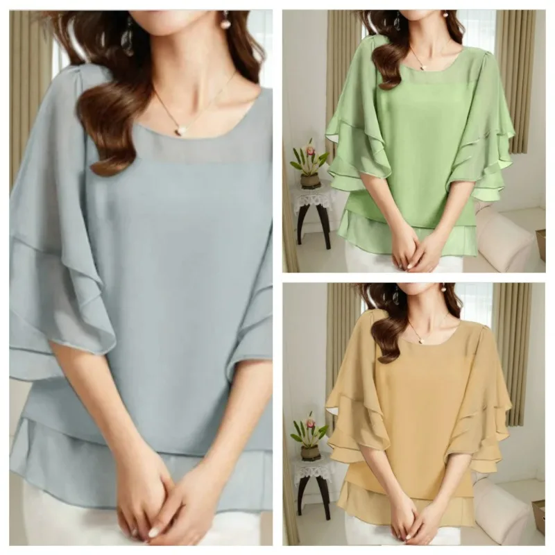 

A Loose and Casual Chiffon Round-neck Three-quarter Sleeve Solid Color Chiffon Shirt Fashion Breathable Commuter Women's Wear