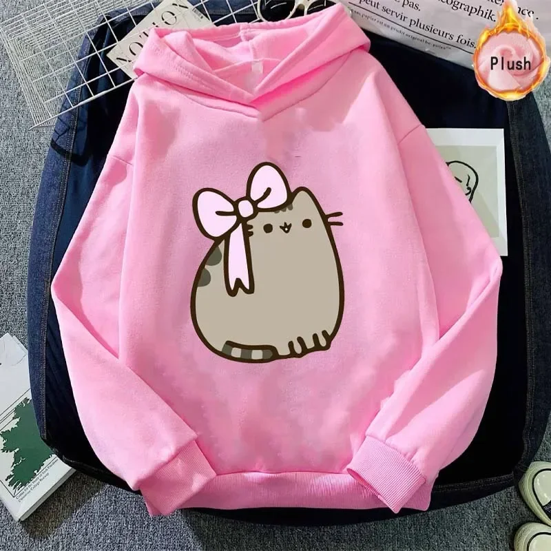 Pusheens Girls Hoodies New Winter Fleece Sweatshirt Kids Cartoon Anime Cat Sportswear Pullover Children Clothes Birthday Gift