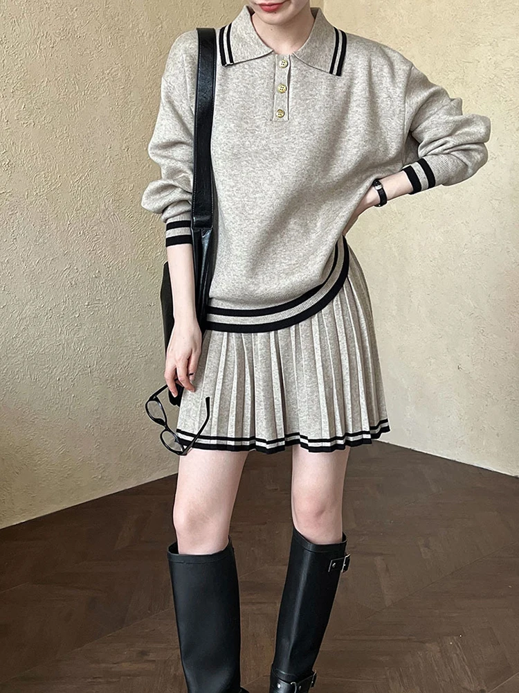 [EAM] Oat Color Sweater Half-body Skirt Two Pieces Suit New Lapel Long Sleeve Women Fashion Tide Spring Autumn 2024 1DH7901