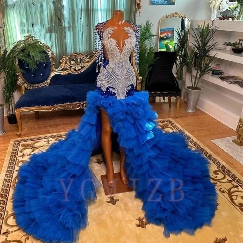 

Royal Blue Long Prom Dress Black Girls Luxury Beads Rhinestone Ruffles African Formal Evening Party Gown Graduation Customized