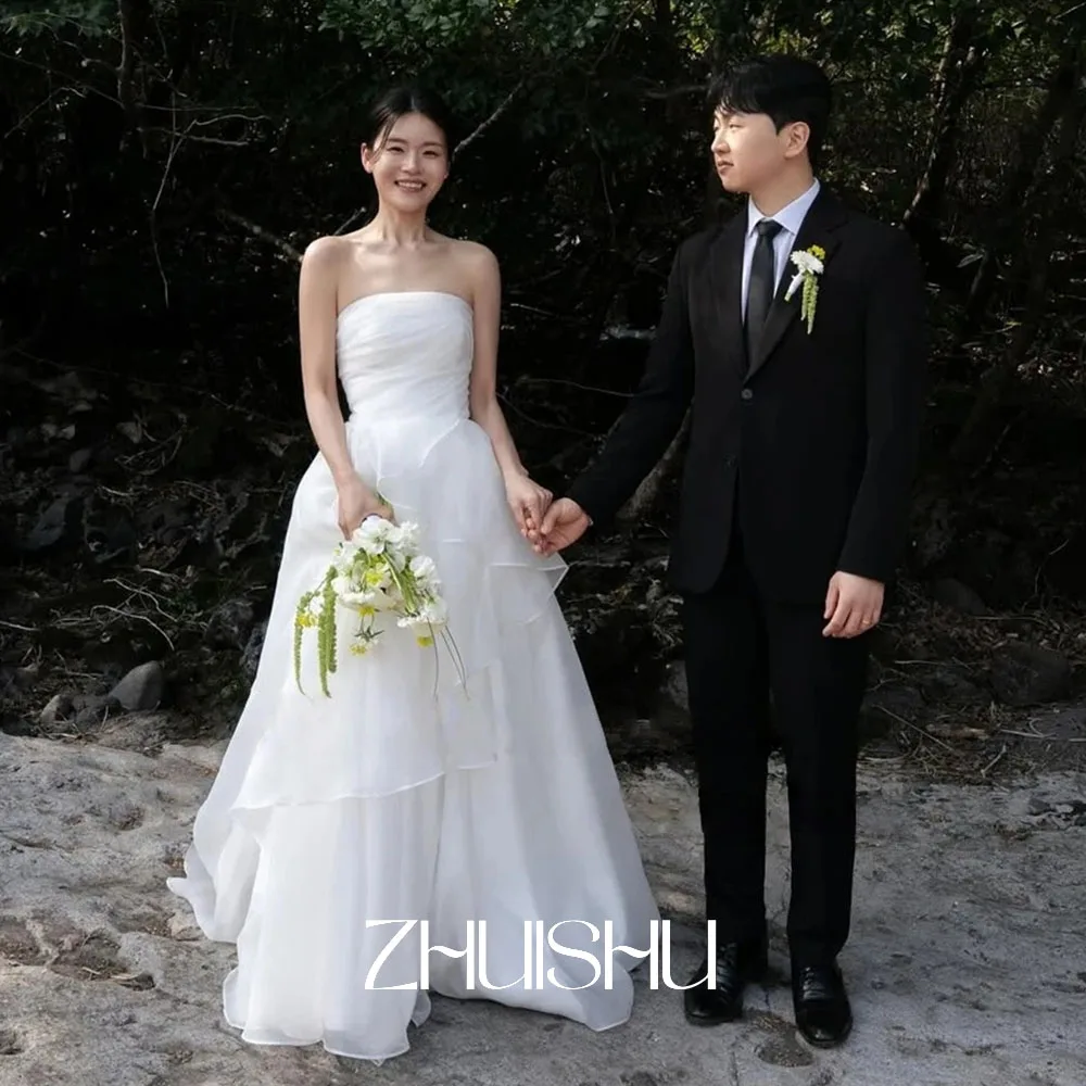 ZHUISHU 심플한 스트랩리스 한국 공주 웨딩드레스 웨딩드레스 오간자 아이보리 민소매 주름 맞춤 예쁜 신부 드레스