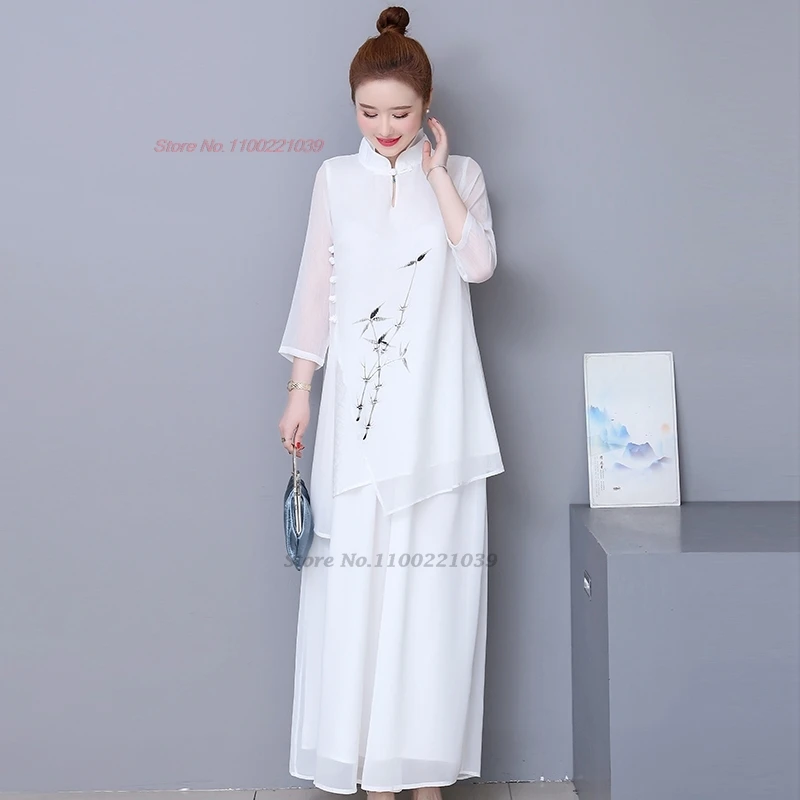 2025 traditionele chinese vintage meditatie set nationale bloemenprint chiffon hanfu tops + broek set oosterse thee service pak