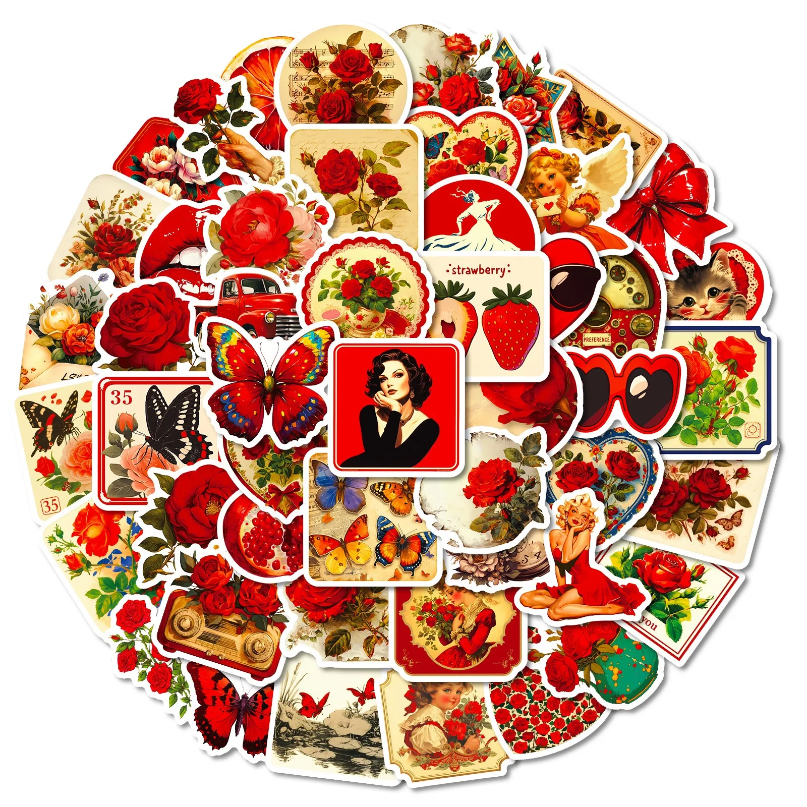 

10/50PCS Vintage Style Red Rose Stickers Aesthetic Plant Decoration Fridge Luggage Laptop Phone Guitar Car DIY Retro Sticker Toy