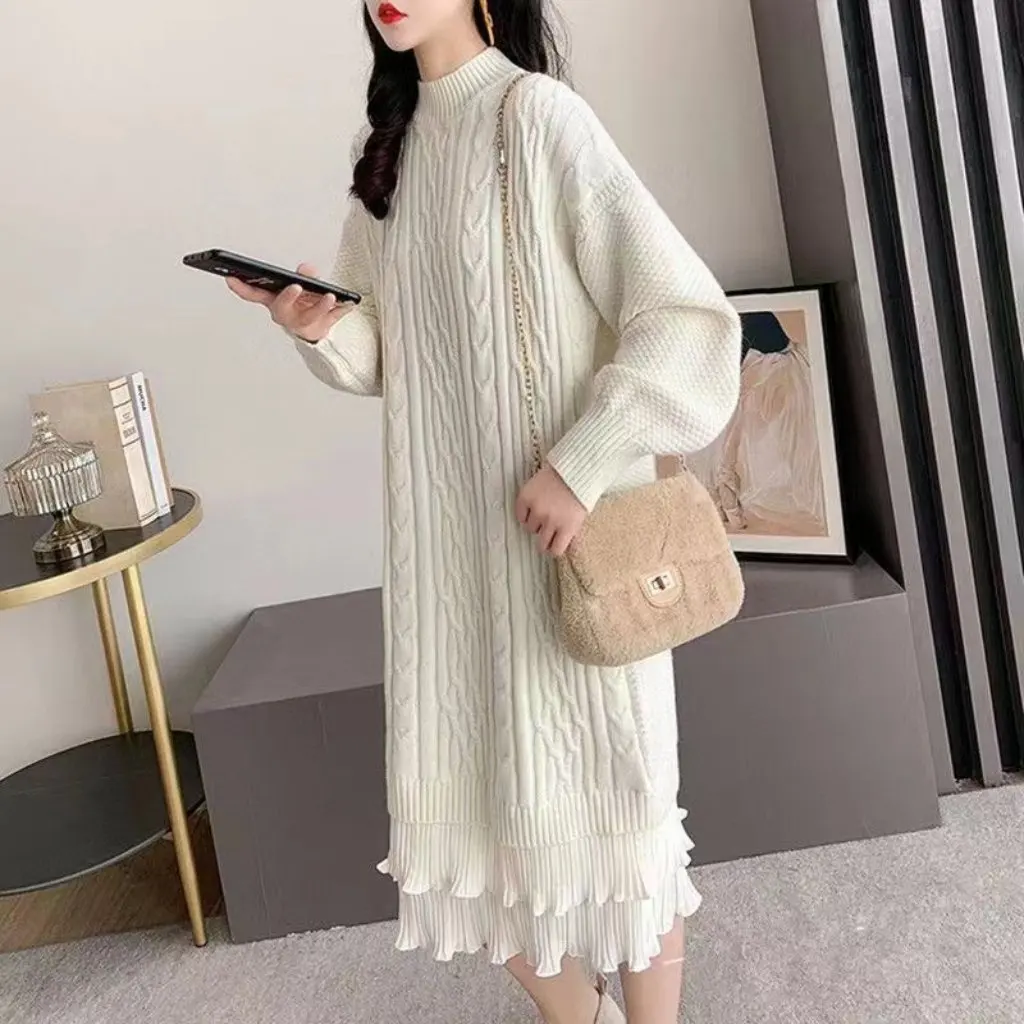 

Women's Vintage Twist Sweater Dress Solid Color Loose Fit Mid-Length Autumn Winter Fashion Inner Half-High Collar Top