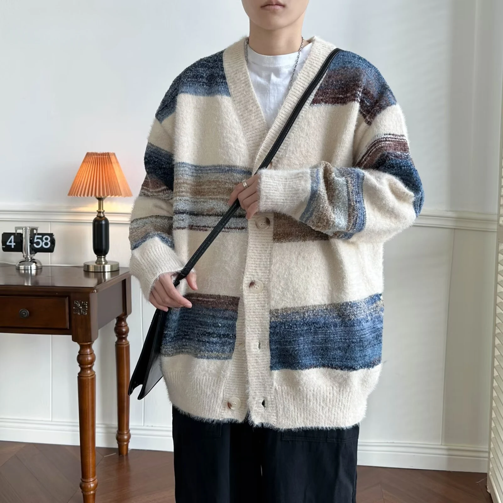 Striped Cardigan Men Chic Baggy Slouchy V-neck Japanese Style Harajuku Vintage High Street Knitting Sweaters All-match Autumn