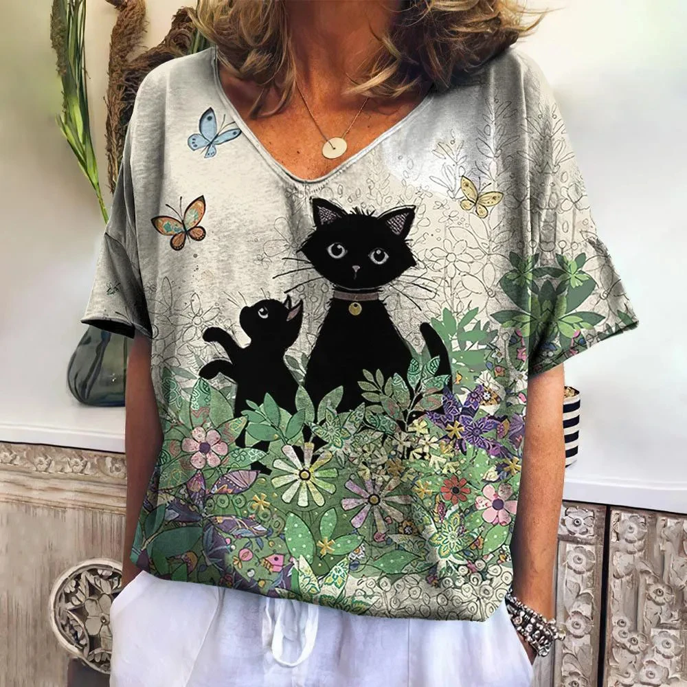 Summer Casual V-neck Women\'s T-shirt Cat Print Short Sleeve Tees Top Loose Vintage Women\'s Streetwear Oversized Y2k Clothing