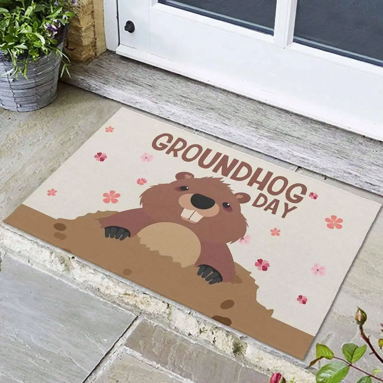24*16inch Groundhog Day Words Non-Slip Front Door Mat, Cute Flowers Kitchen Rug Entrance Rugs, Welcome Doormat, 1pc Non-Slip