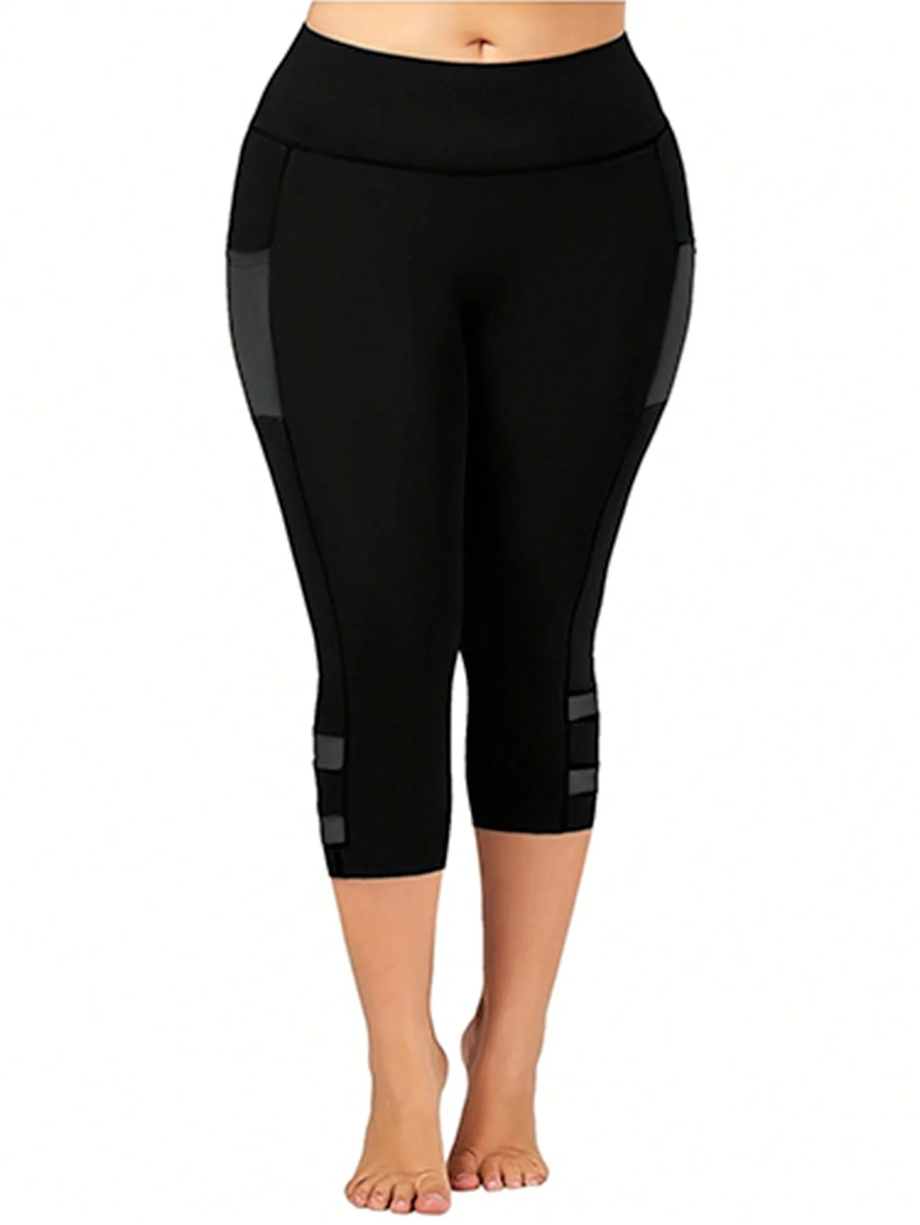Plus Size Casual Leggings, Women's Plus Plain High Rise Contrast Mesh Capri Leggings