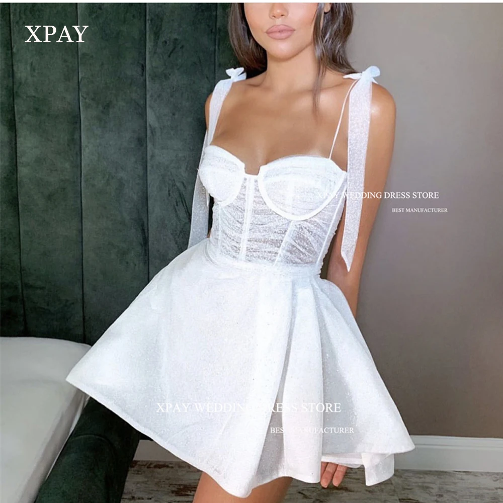 

XPAY Glitter A line Short Wedding Dresses Straps Sweetheart Mini Sexy Bride Gowns Formal Party Dress Robe de mariee