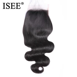 Capelli ISEE chiusura brasiliana dell'onda del corpo parte libera legata a mano 100% capelli umani Remy 4*4 chiusura in pizzo colore naturale