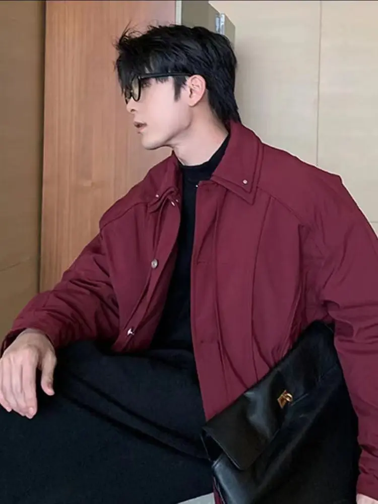 

mat Lightweight Cotton Jaet for Men Red Celebri Winter Versatile Coat Stand Fit Long Sve Zipper Decoration