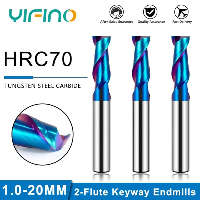 YIFINO HRC65 Tungsten Steel Milling Cutter 2-Flute Keyway Coating Carbide Milling Cutter Stainless Steel Special CNC Cutters