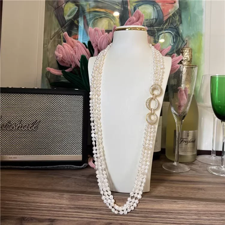 3 Strands Natural Baroque Irregular Shaped Pearl CZ Connector Necklace