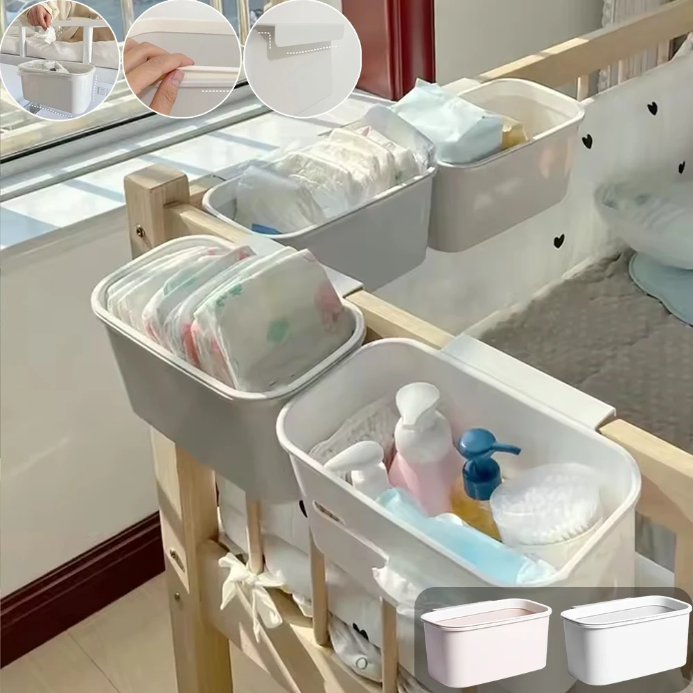 

Bedside Hanging Basket No Punching Required Shelf Baby Diaper Fence Table Boxes Removable Portable Trash Can Panier Rangement