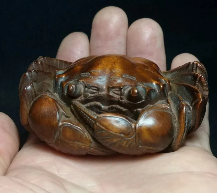 

3-дюймовая японская самшитовая статуя краба ручной работы Netsuke, старый подарок, коллекционная