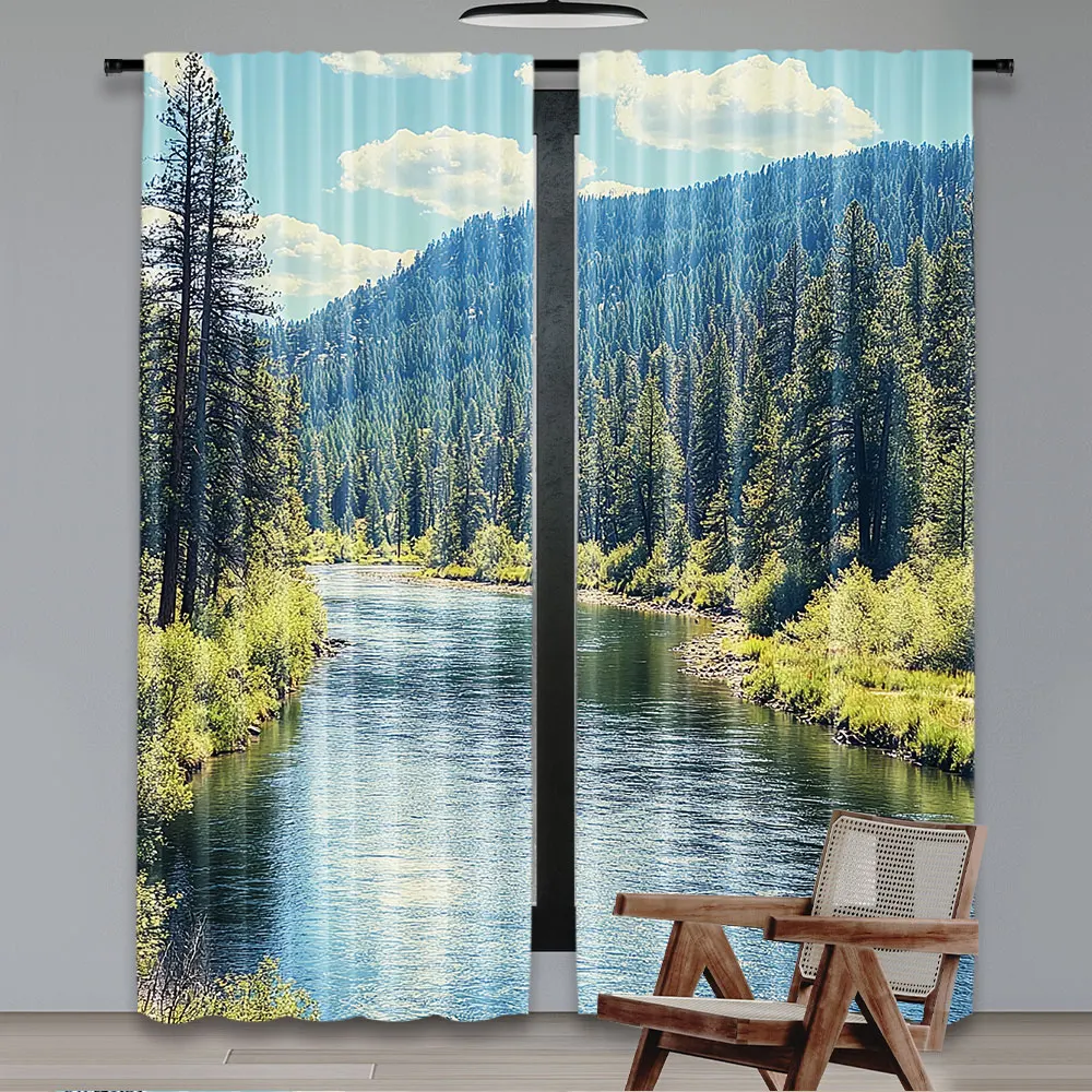 2Pcs Landscape Curtains Scenic Mountain Of Pine Trees And Flowing River Foliage Daytime Nature View For Bedroom Living Room And