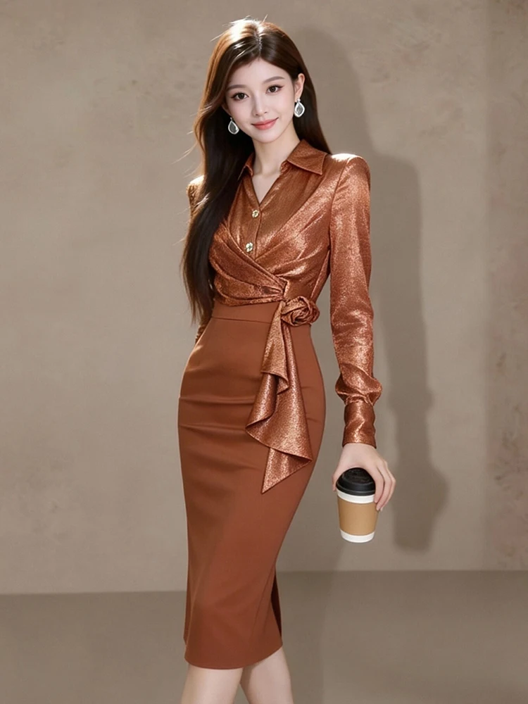 여성 레트로 출퇴근용 셔츠 칼라 긴팔 3D 플로럴 슬림 펜슬 드레스 우아한 정장 로브 여성 의류 신상 봄 가을