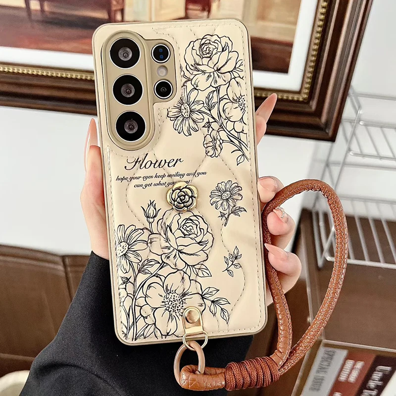 Luxury Leather Rose Case For Samsung Galaxy S26 Ultra S25 S24 Plus S23 A15 A16 A26 A36 A56 A25 A35 A54 A53 A17 37 A57 Cover