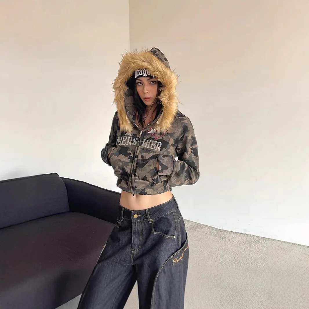 Women's New Autumn Winter Warm Hooded Jacket Detachable Camo Fur Collar Short Zip Up Cool Hoodie Sweatshirt