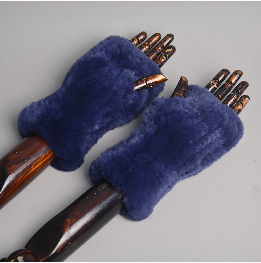 New Women 100% Real Genuine Knitted Rex Rabbit Fur Mittens Winter Warm Lady Real Fur Fingerless Gloves Handmade Knit Fur Mitten