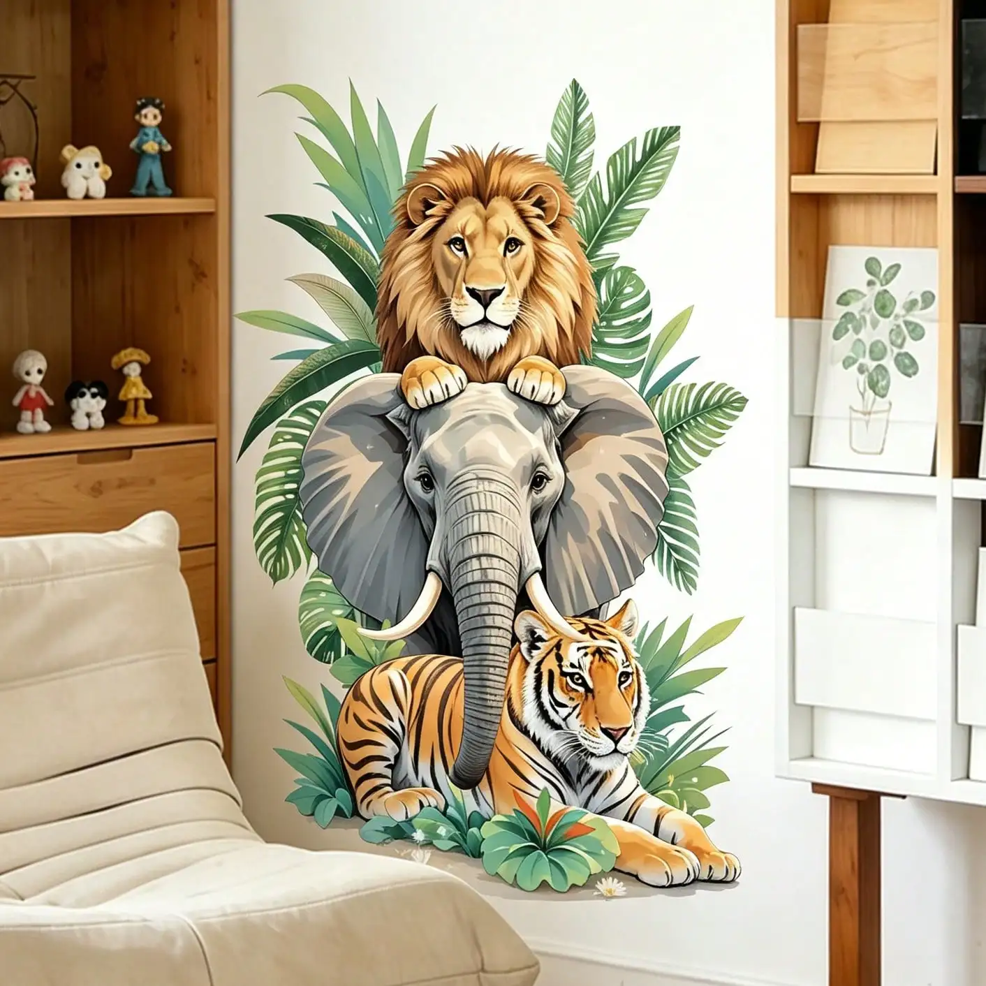 Dschungel Drei Riesen-Tiere Wandaufkleber Aquarell Löwe Elefant Tiger Kinderzimmer Wanddekoration Selbstklebend
