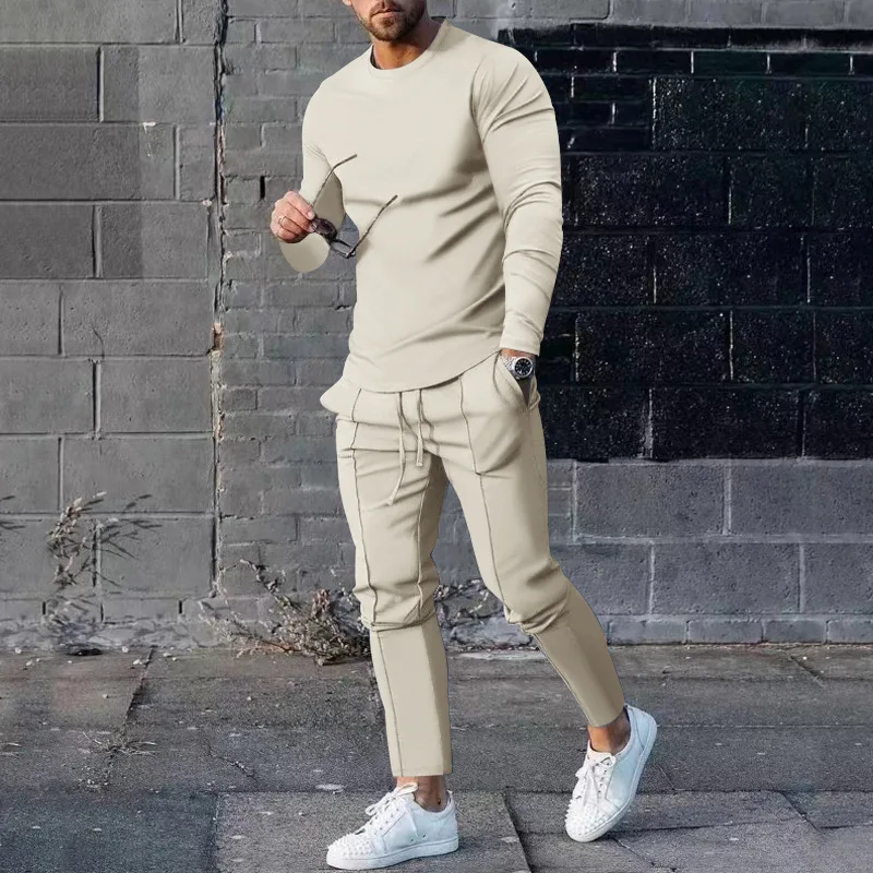 Men Autumn Slim Sports Suit Two-piece Round Neck Long Sleeve T-shirt Pants Suit T-shirt And Sweatpant Tracksuit Sweatsuit