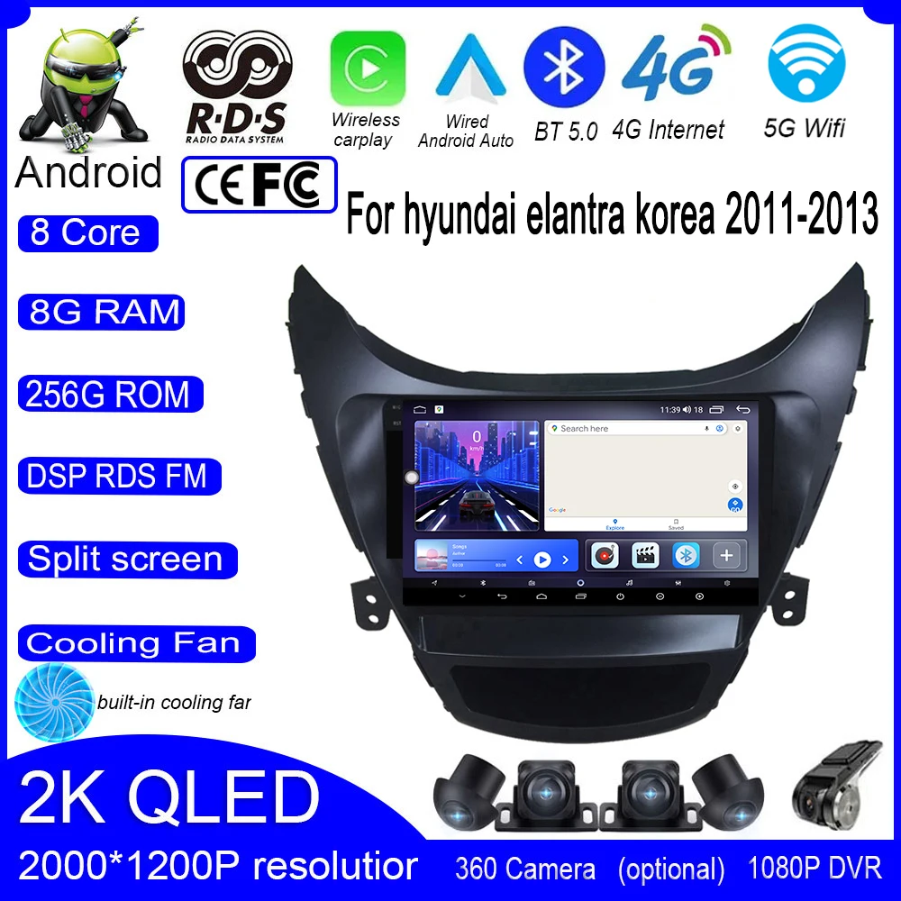 

9 Inch IPS QLED Android 14 For HYUNDAI ELANTRA 2011 2012 2013 Car Stereo Auto Radio Multimedia Video Navigation GPS Monitor