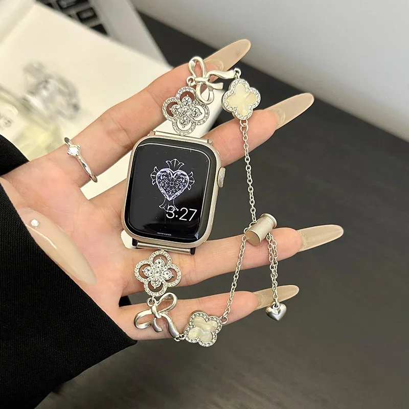 Clover Bow Metal Strap for Apple Watch 44mm Band Correa 49mm 45mm 40mm 41 38 Diamond Link Bracelet for IWatch Serie 9 8 7 6 5 Se