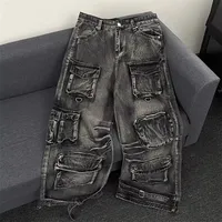 American High Street Loose Straight Leg Denim Jeans Multiple Pockets Tapered Long Pants Casual Loose Wide Leg Floor-Length