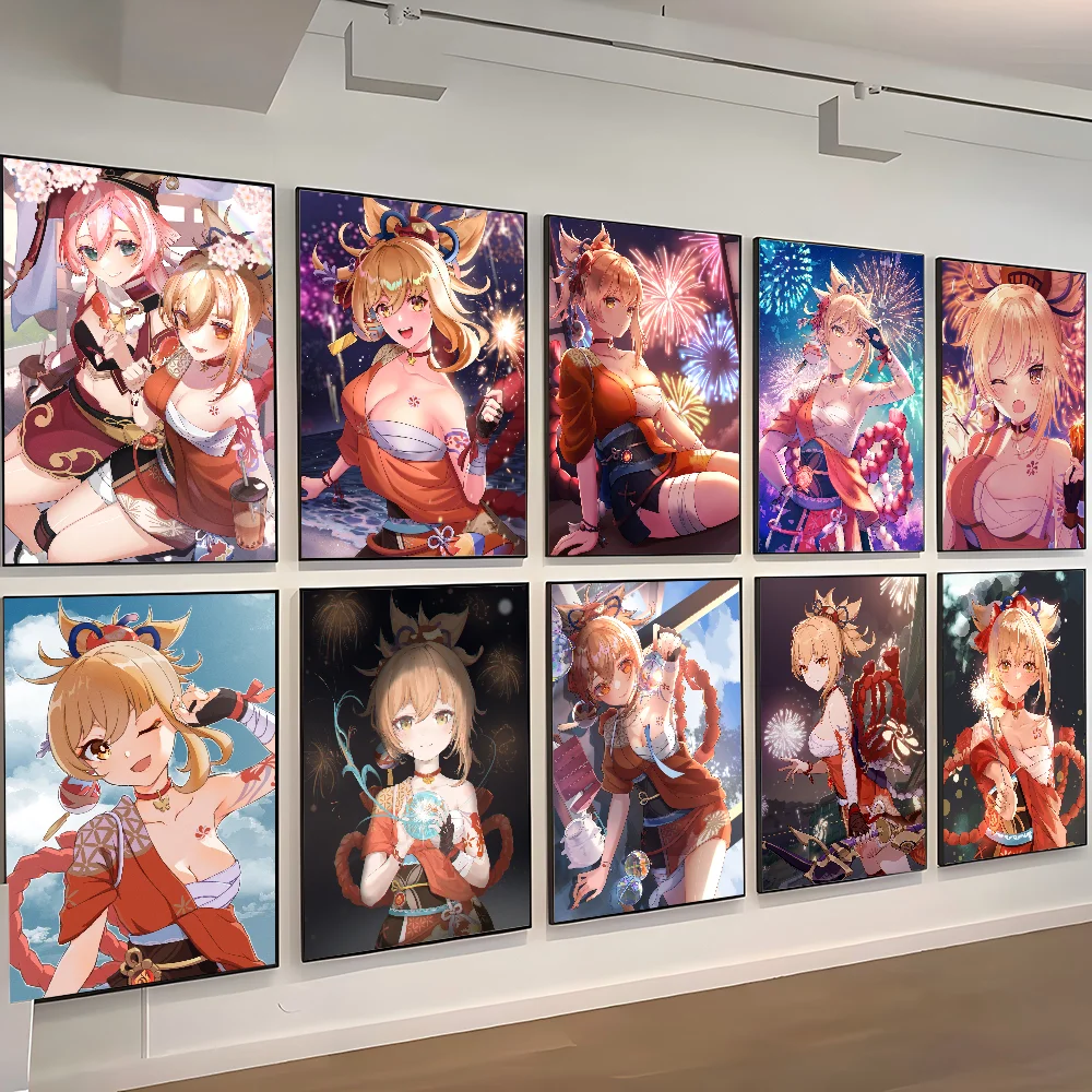 1pc Anime Genshin Impact Yoimiya Poster Self-adhesive Art Waterproof Paper Sticker Coffee House Bar Room Wall Decor