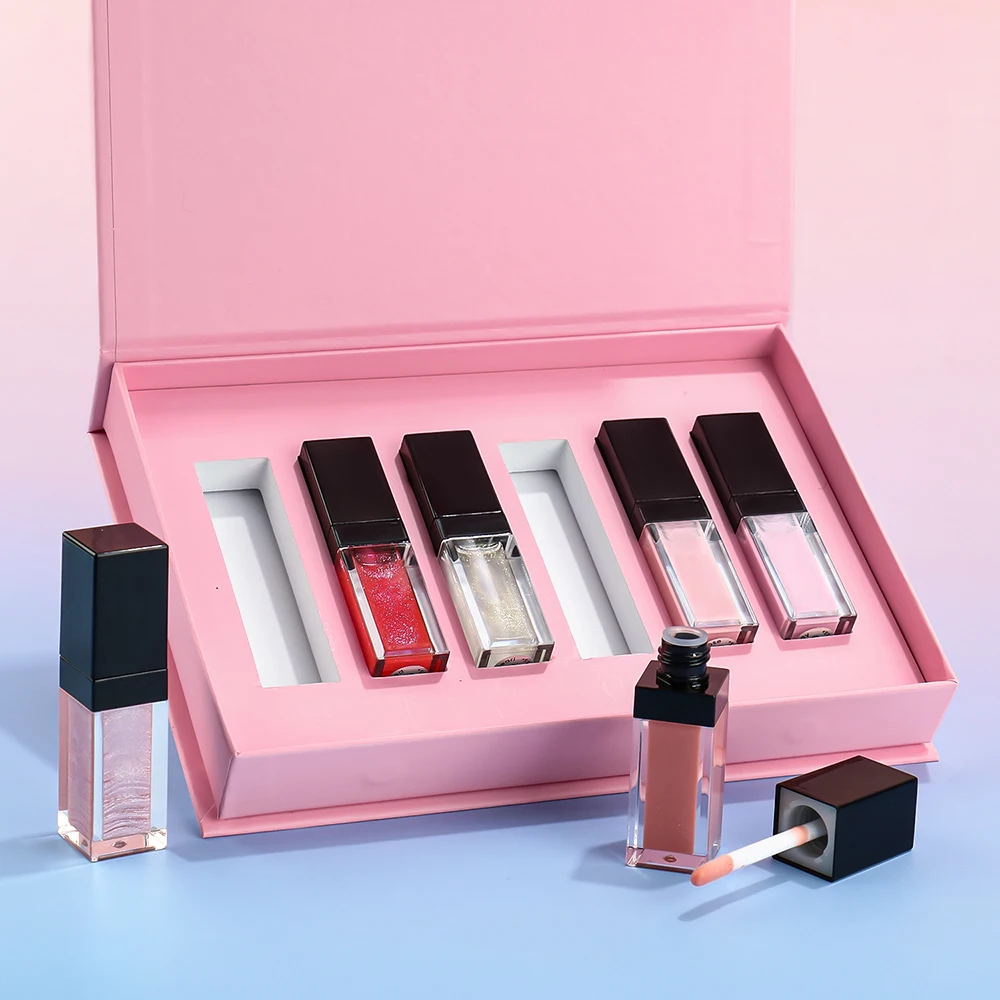 Custom Logo Lip Gloss Pigment Long Lasting Moisture Mixed Six-pack Transparent Tube Color Set Private Label Makeup Black Lid