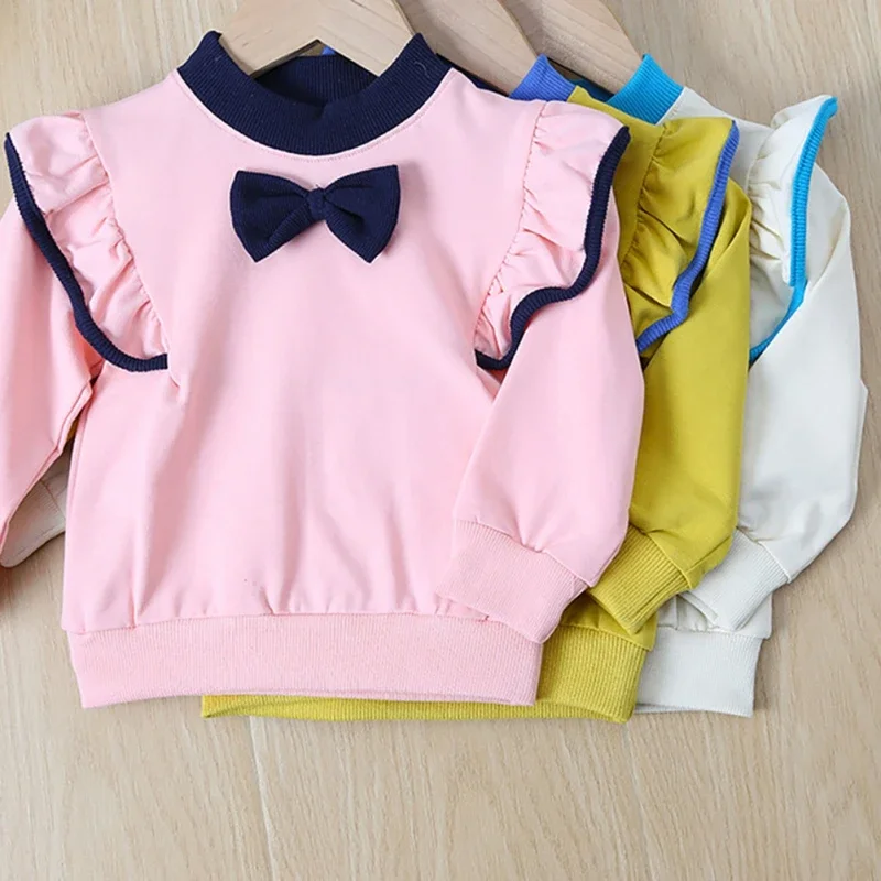 

Autumn Winter Children Girls T-shirt Tops Turtleneck Ruffles Long Sleeve Cotton Kids Bottoming Shirts Toddler Top with Bowknots