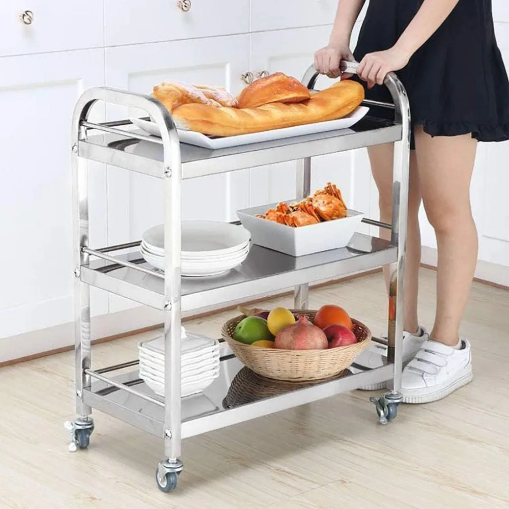 "عربة تقديم من الفولاذ المقاوم للصدأ مكونة من 3 طبقات للنبيذ والشاي - مثالية للمنزل والمطبخ وتناول الطعام في الفندق"