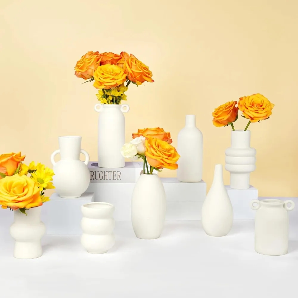 

9pcs Ceramic Vases Small Ceramic Vases for Flowers - Modern White Bud Vases for Fresh & Dried Blooms, Unique Shapes, Home Decor