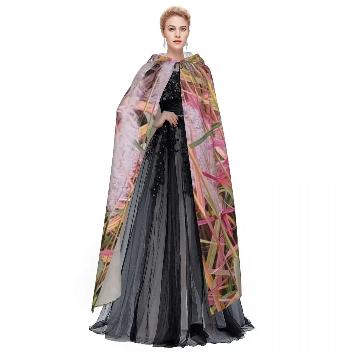 Fall Flame Grass Long Hooded Cloak Witch Medieval Costume Cosplay Cape HalloweenParty Adult Unisex