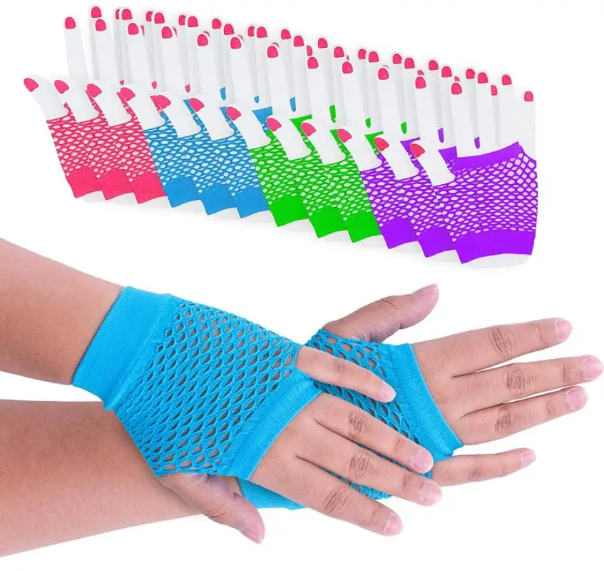 Short Fingerless Fishnet Gloves Neon Party Decoration Wrist Stretch Mesh Glove 80's Theme Costumes Accessory 100pairs/Lot