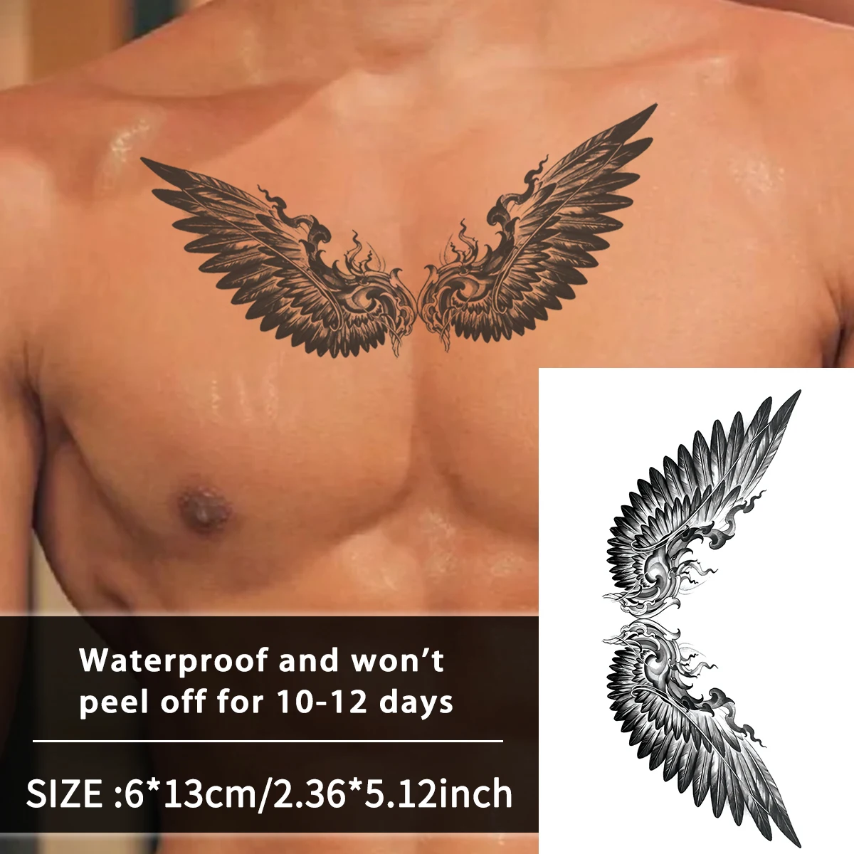 Etiqueta engomada del tatuaje temporal impermeable del cuello de las alas de ángel, dura 1-2 semanas, tatuaje falso semipermanente realista