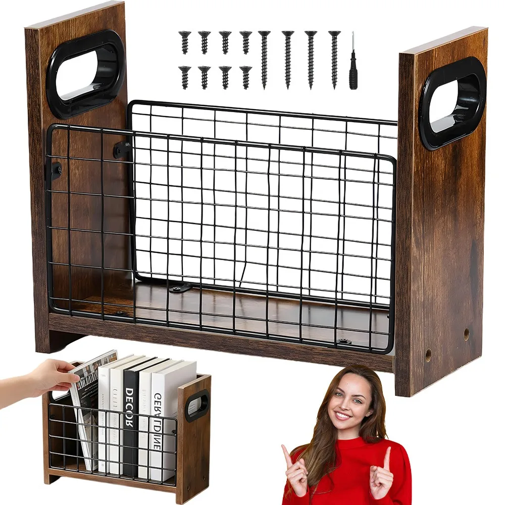 Porte-revues rétro en bois brun et métal, support de journaux sur pied ou sur table pour livres, dossiers et périodiques – Idéal pour les fournitures de journalisation, les coins lecture du salon et la décoration des halls de café