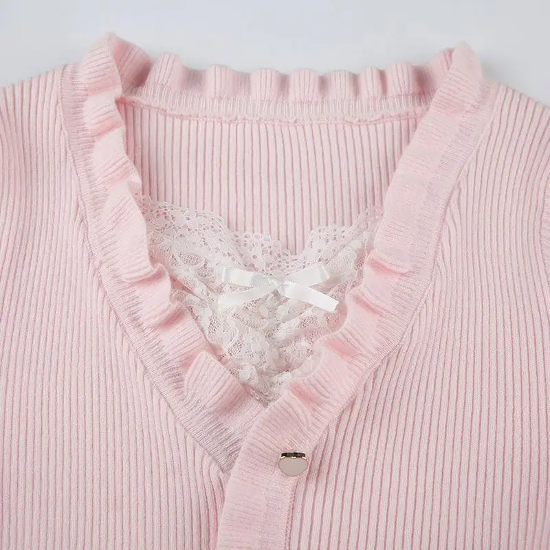 Sweater Tie-Up Patchwork Fake Two-Piece Top Slim-Fit Pink Y2k Contrast Lace Women Japanese Korean Kawaii Tops